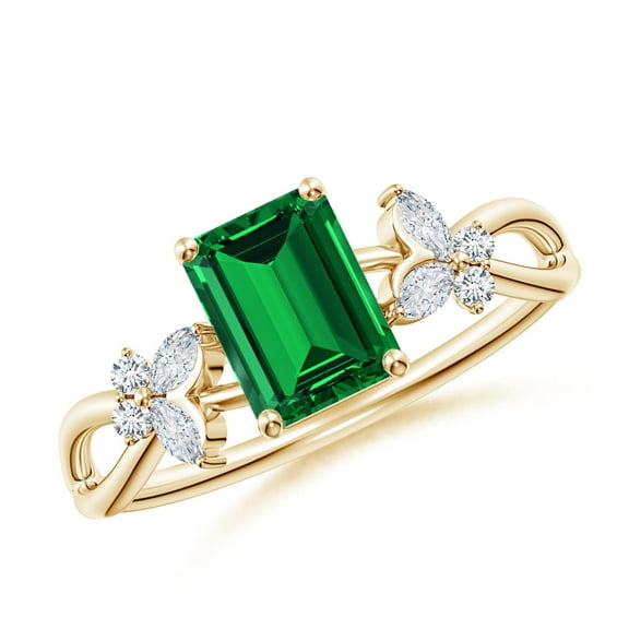 ANGARA Lab Grown 1 Ct Emerald-Cut Emerald Butterfly Engagement Ring for Women in 14K Yellow Gold (Size-7x5mm) | May Birthstone, Birthday, Anniversary, Jewelry Gift for Women | Lab-Grown Emerald Ring