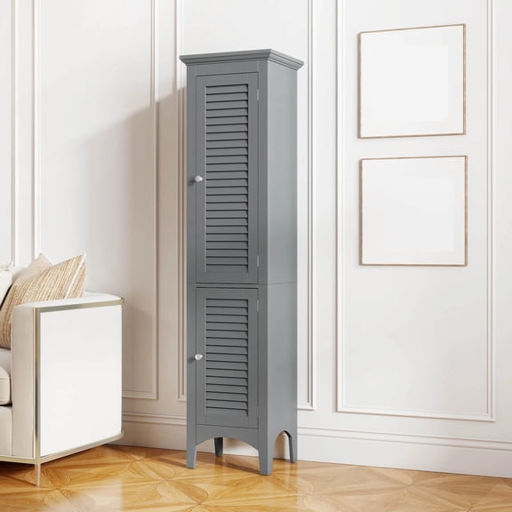 DRAZUNO 63” Tall Bathroom Cabinet w/ 2 Louvered Doors & Adjustable Shelf, Elevated Legs