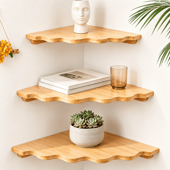 Naeqieo Corner Floating Shelves for Wall, Set of 3 Solid Wood Wall Mounted Corner Shelf with Cord Hole, Rustic Floating Corner Shelves for Bathroom Bedroom Kitchen Living Room Home Decor