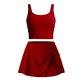 thumbnail image 4 of BRGZLK Women's Beach Swimsuit Solid Color Padded Bra Conservative Wireless Camisole Halter Swimsuit Top and Cover Up Skirt Trendy Comfortable Two-Piece Swimsuit Set Red L, 4 of 6