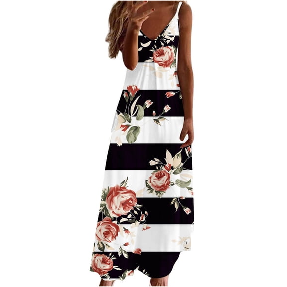 Edvintorg Long Summer Dress Women's Fashion Casual Pocket Sleeveless Lace Print V-Neck Maxi Dress Vestidos Elegantes