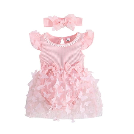 

Baby Girl Princess Romper Dress Sets Ruffles Fly Sleeve 3D Butterfly Lace Tulle Jumpsuits with Headband