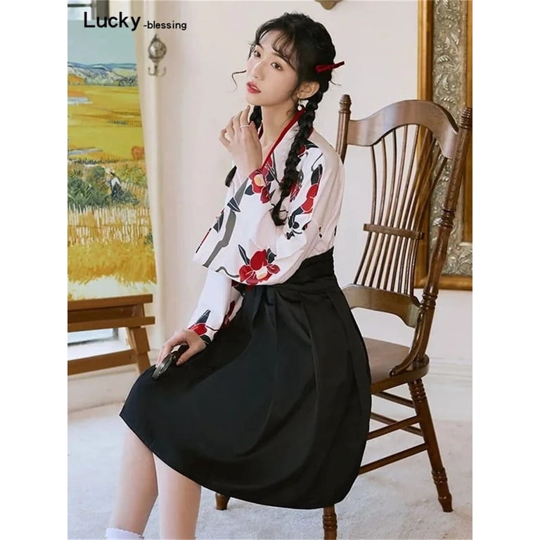 Kimono Sakura Girl Japanese Style Floral Print Vintage Dress Woman Costume  Haori Robe Set For Party Yukata Asian Cosplay Clothes