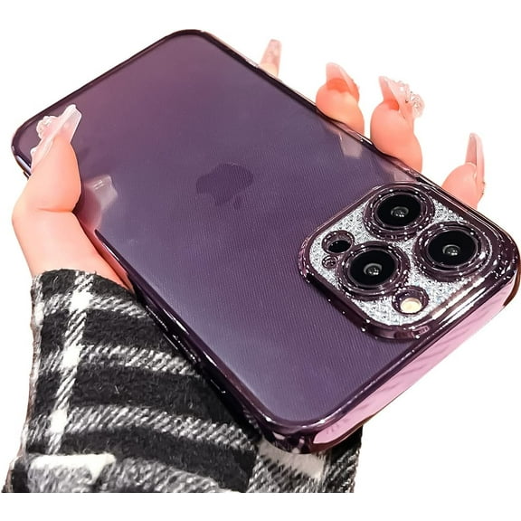 Clear Case for iPhone 13 Pro Max Case Glitter,Luxury Cute Sparkle Rhinestone Case with Bling Camera Lens Protector Design for Women Girly,Purple,6.7 Inch
