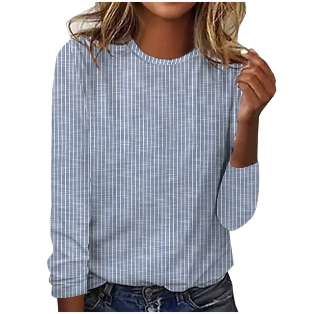 Lenpel T-Shirts pour Femmes Mode Automne Manches Longues Col Rond Rayé Basique Tee Hauts Amples Blouses Décontractées (Bleu, Petit)