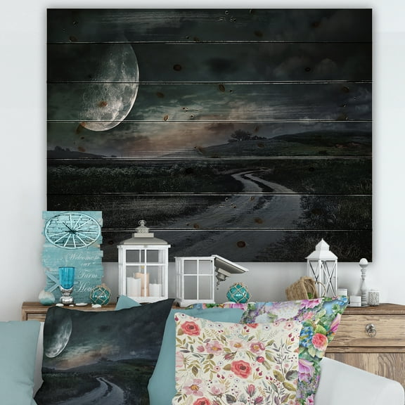 Designart 'The Meadow Under Full Moon With Rural Road Through ' Nautical & Coastal Print on Natural Pine Wood