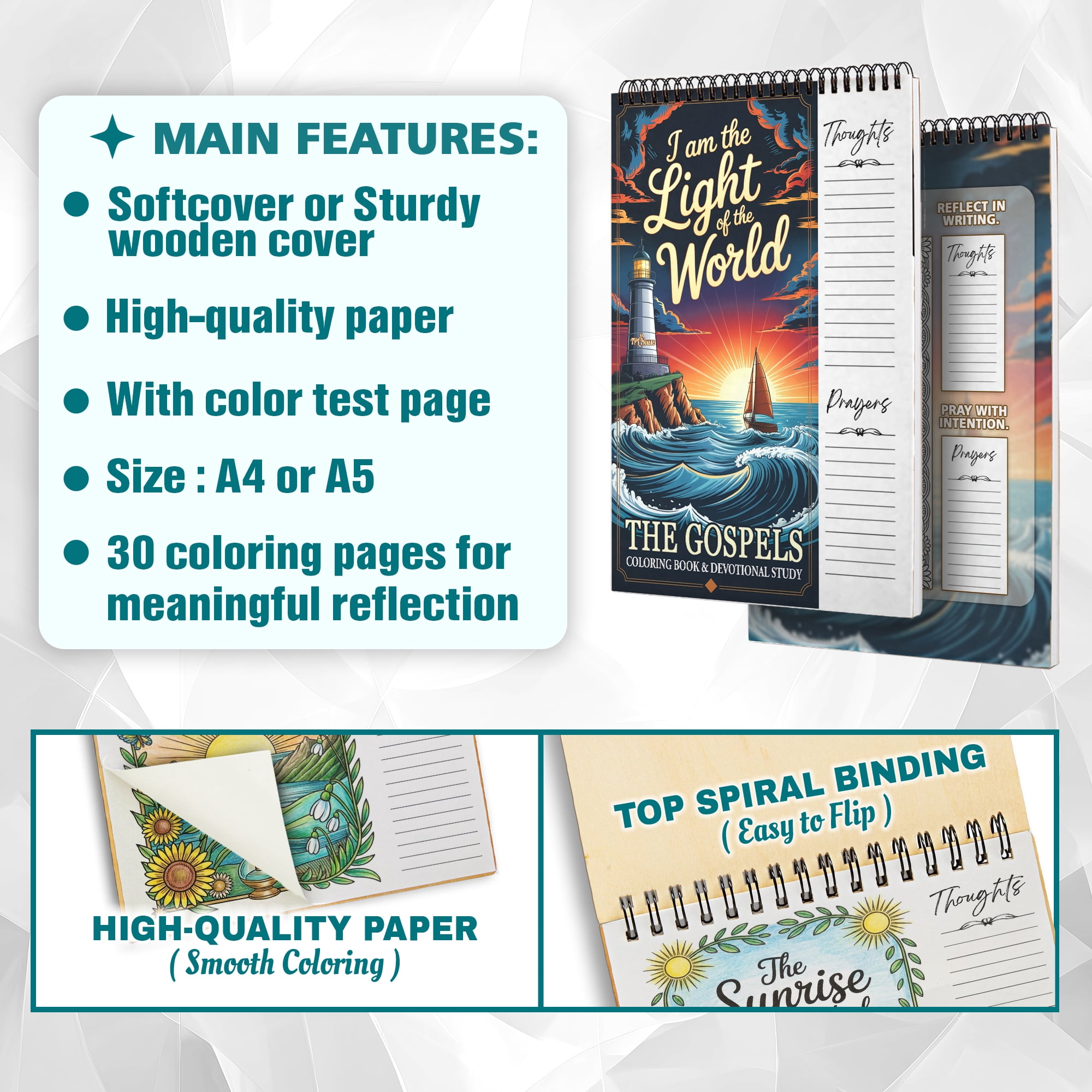 The Gospels: Matthew, Mark, Luke, John Coloring Book for Adults, 30 Minimalist Scripture Art Pages with Reflection & Prayer Space, Spiral Bound, A4 or A5 Softcover or Wood Cover