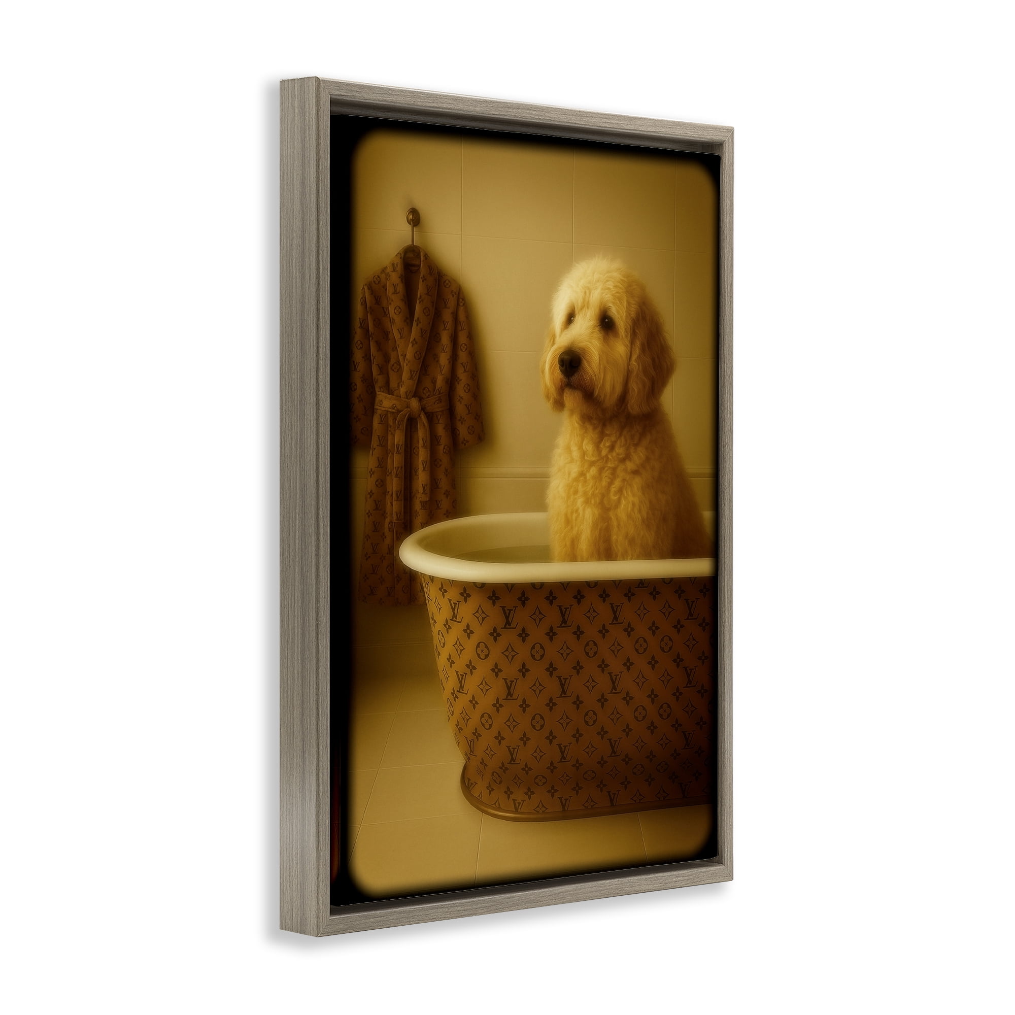 Stupell Industries Couture Dog in Luxury Tub Brown Framed Floater Canvas Wall Art, design by Grotto Studios