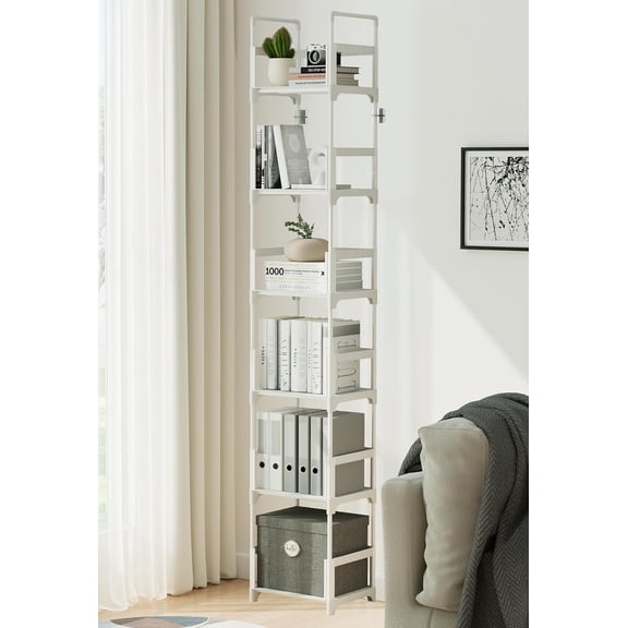 6 Tier White Skinny Bookshelf Tall Narrow Bookcase Slim Storage Rack Organizer for Books, Decor, and Essentials in Home Office and Bedroom