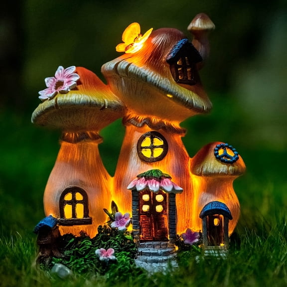 Whimsical Mushroom House Garden Sculpture, Outdoor Lawn Patio Fairy Garden Statue Yard Decor