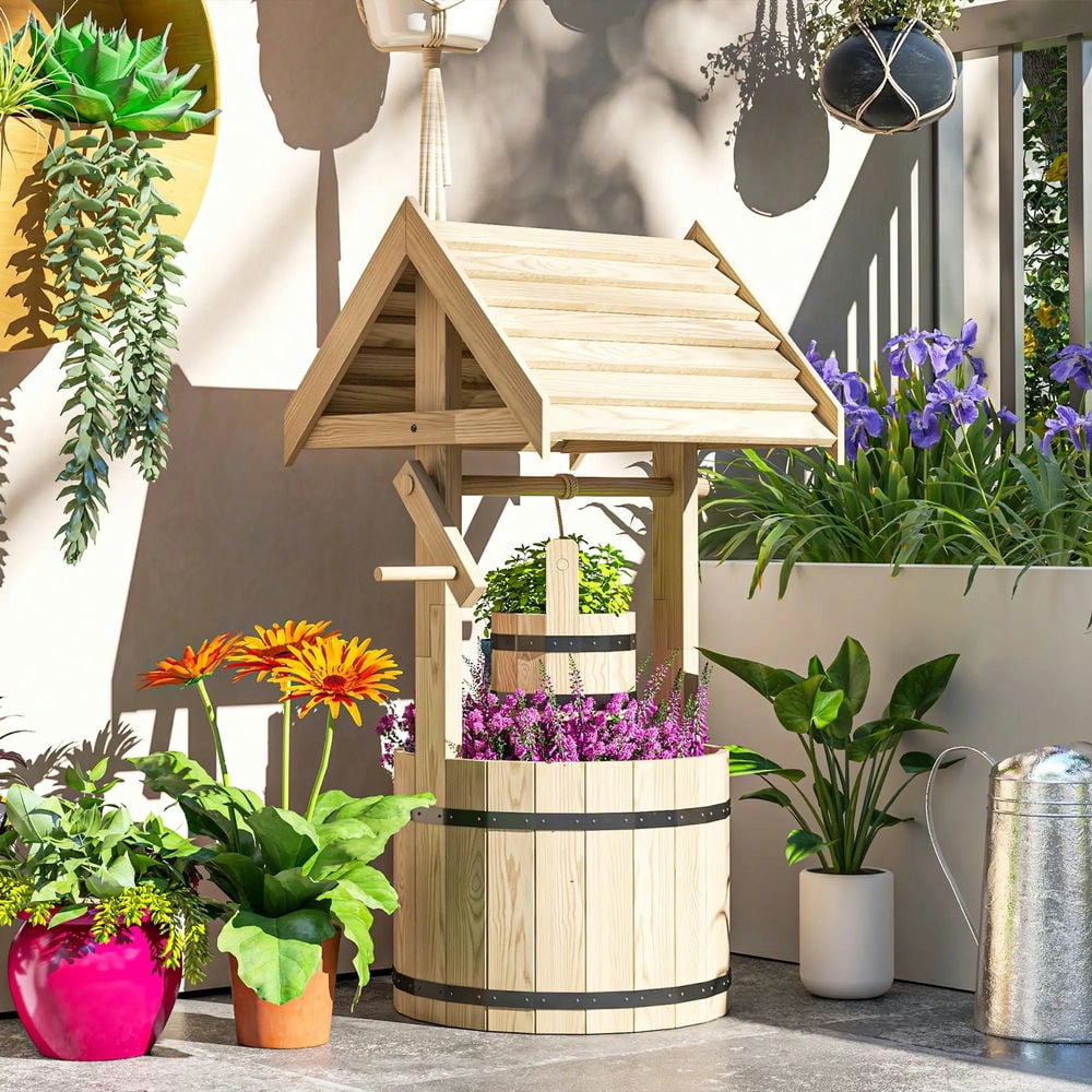 Resenkos Wood Wishing Well for Outside with Hanging Bucket, Wishing Well Planter with Drain Hole for Garden Patio, Natural
