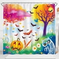 thumbnail image 1 of Whimsical Halloween Shower Curtain with Friendly Pumpkin & Owl - Colorful Sunset Design, 1 of 4