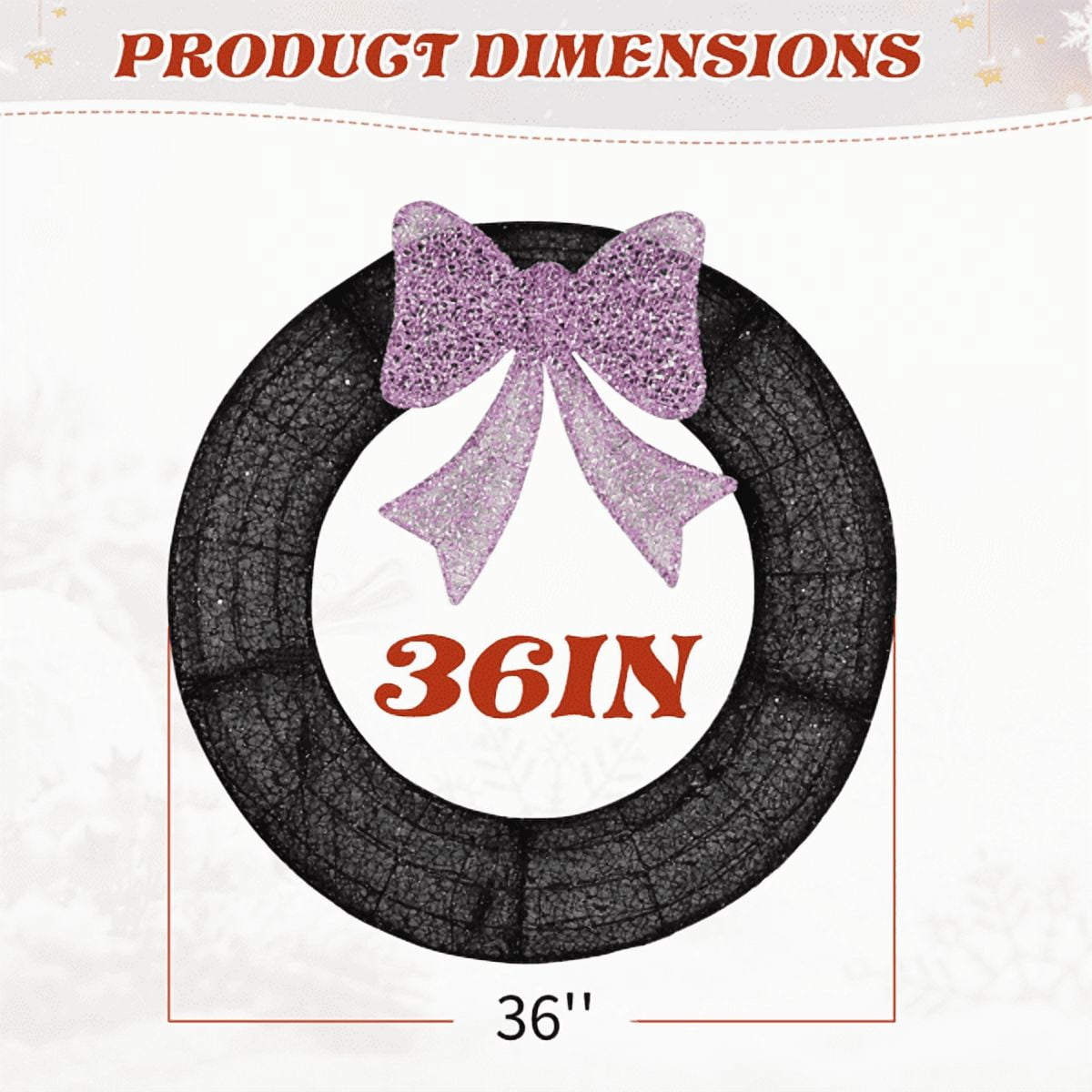Alvantor 36 in Pre-Lit Christmas Wreath with 165 Purple and Orange LED Lights, Purple Bow, Remote Control and Timer, Black