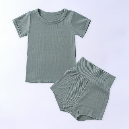 

CHGBMOK Clearance Toddler Kids Baby Boys Girls Fashion Cute Solid Color Short Sleeve High Waist Shorts Cotton Casual Suit