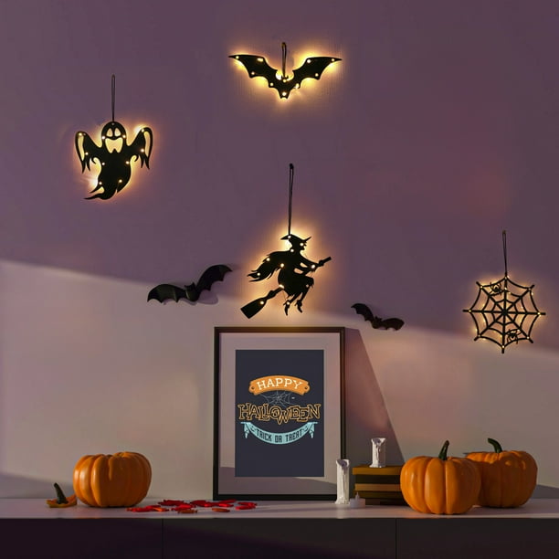Luces LED de Halloween Colgante | Decoración de puerta de plástico negro alimentada por batería | Decoración de jardín de pared interior y exterior | Acento festivo de fiesta de terror | 1 Pieza
