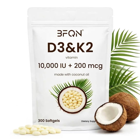 BFQN Vitamin D3 10,000 IU   K2 MK-7 200 mcg Softgels, 300 Softgels – 2-in-1 Complex with Coconut Oil for Absorption, Non-GMO, Gluten Free