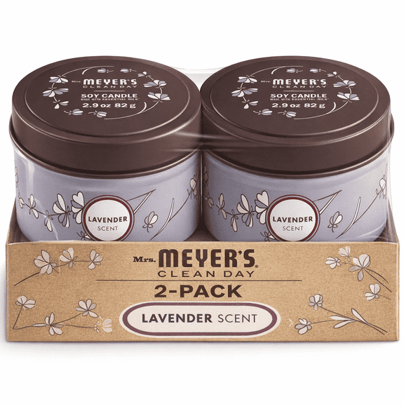MRS. MEYER'S CLEAN DAY Soy Tin Candle, 12 Hour Burn Time, Made with Soy Wax and Essential Oils, Lavender, 2.9 Oz(2 Pack)