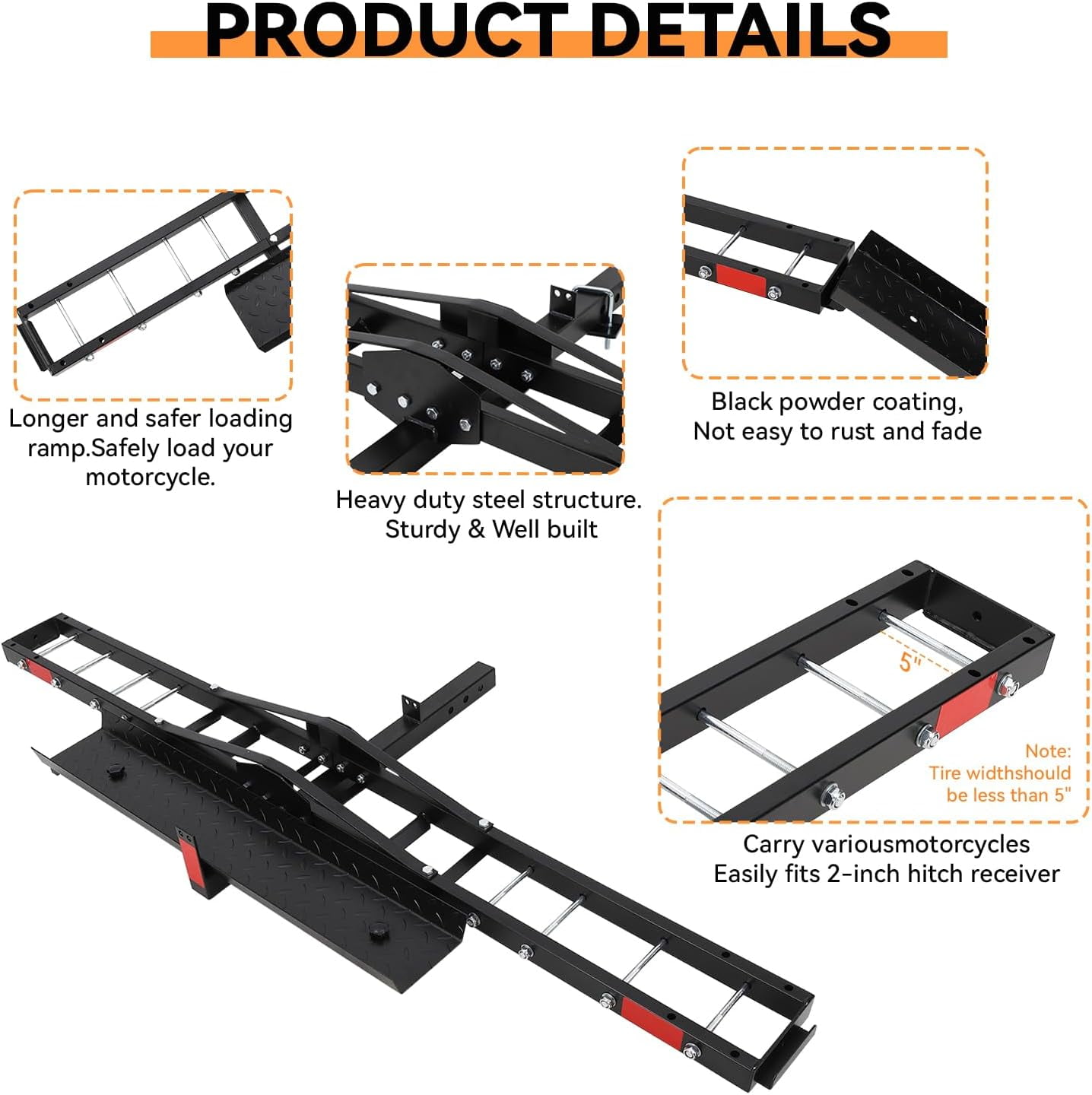 Yesurprise 500LBS Motorcycle Hitch Carrier, Heavy Duty Steel Dirt Bike Hitch Hauler with Tie-Down Straps & Hitch Tightener, 2" Receiver, 5" Wide Tire