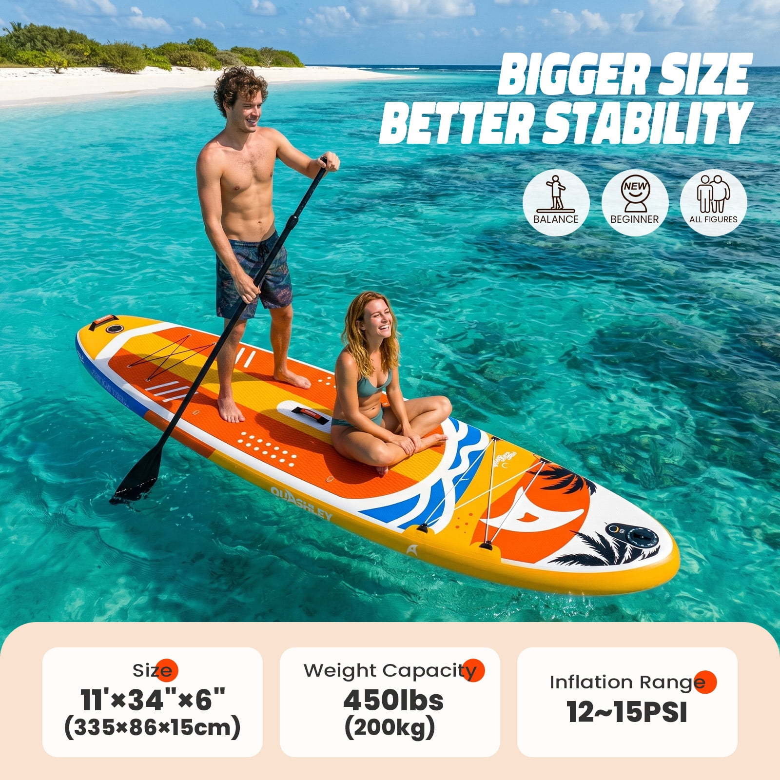Quashley Wide Inflatable Stand up Paddle Board, 11 ft x 34 inch All-Around SUP Board with Paddle, Hand Pump, Backpack and Leash