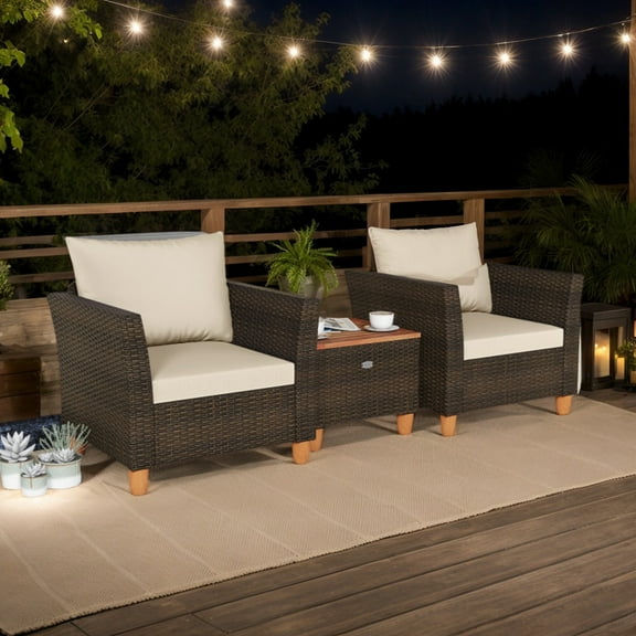 Yardi Yarda 3 Pieces Patio PE Wicker Furniture Set, Patio Conversation Set with Cushions and Acacia Wood Storage Coffee Table for Outdoor as Yard, Beige