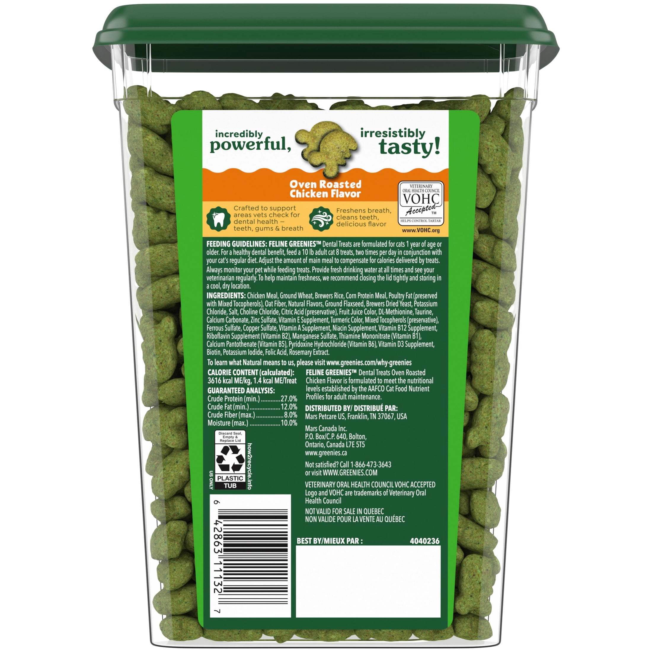 Greenies Feline Veterinarian-Recommended Dental Cat Treats, Oven Roasted Chicken, 9.75 oz. Tub