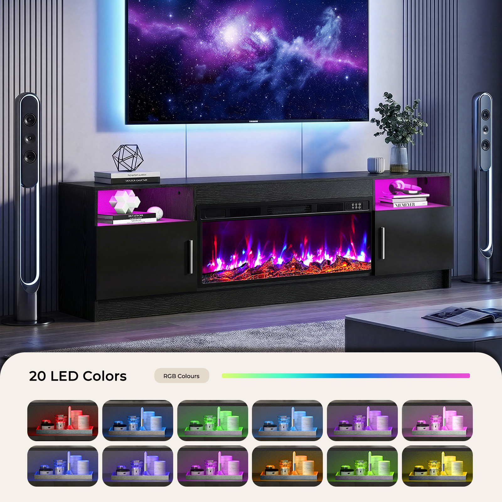 Flictozena 70" TV Stand with 36-Inch Electric Fireplace, Adjustable LED Lights & Storage | Fits TVs Up to 80 Inches | Modern Entertainment Center with Glossy Black Doors