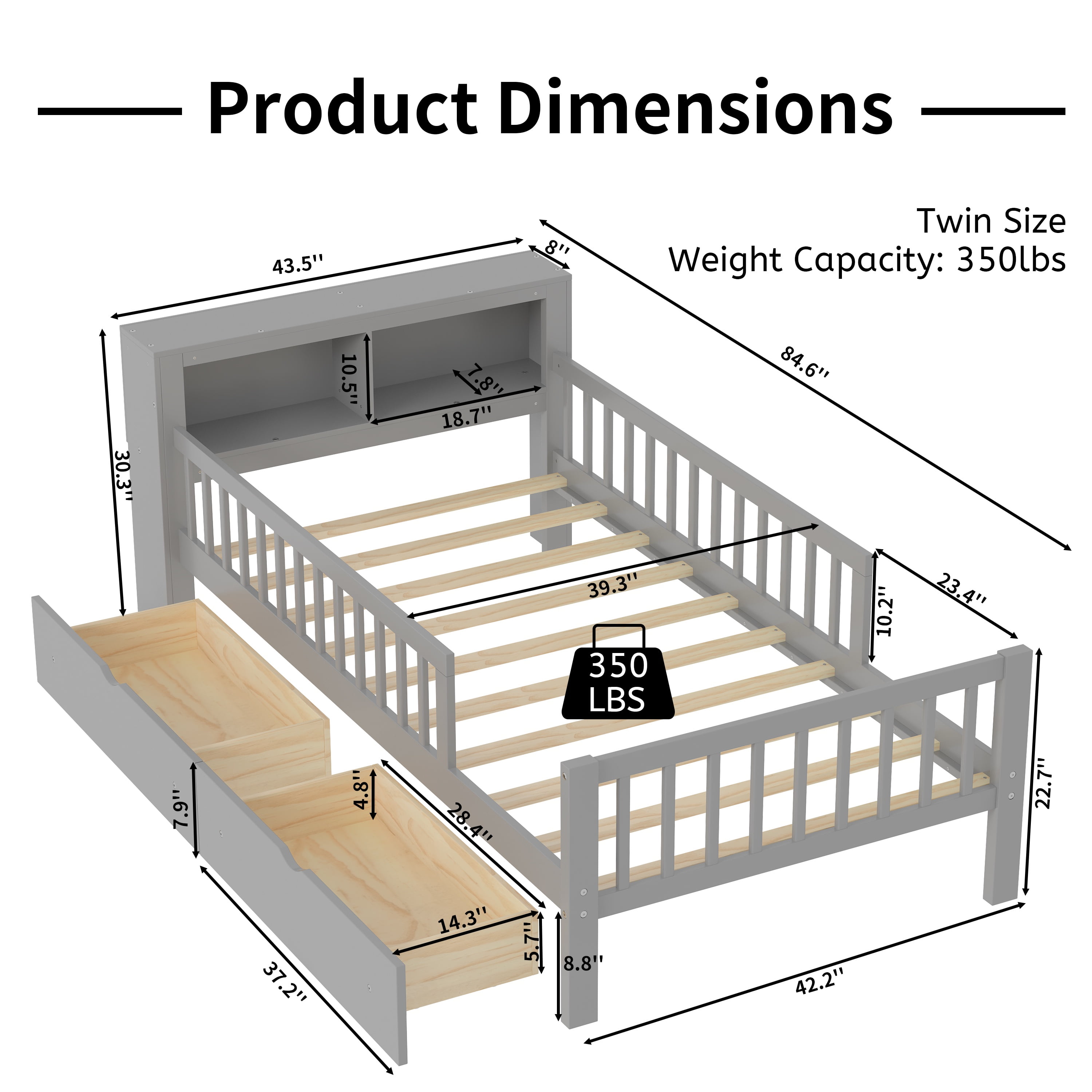 Twin Bed Frame for Kids, SHINPT Twin Size Bed Frame with Headboard Storage Rack, Storage Bed Frame with Two Under-Bed Drawers, Bed for Kids with three-Side Guardrails, White, Pink, Gray, Walnut