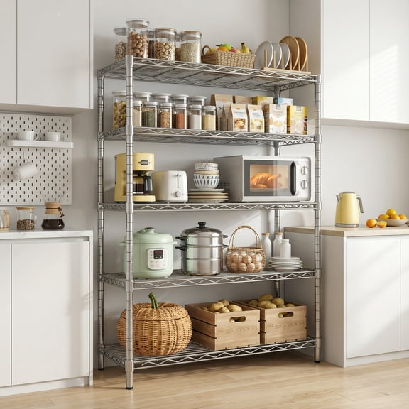 MELOII 5-Tier Metal Storage Shelves, 72"H Heavy Duty Wire Garage Shelving Unit, 1750LBS Adjustable Garage Rack Organizer for Pantry Kitchen Warehouse, Chrome