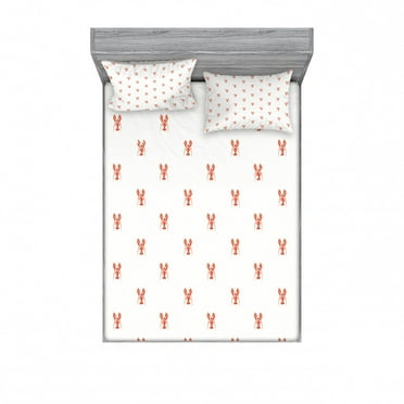 Lobster Fitted Sheet & Pillow Sham Set, Pattern with Symmetrically Aligned Lobster on White Background, Decorative Printed 3 Piece Bedding Decor Set, Queen, Vermilion White, by Ambesonne