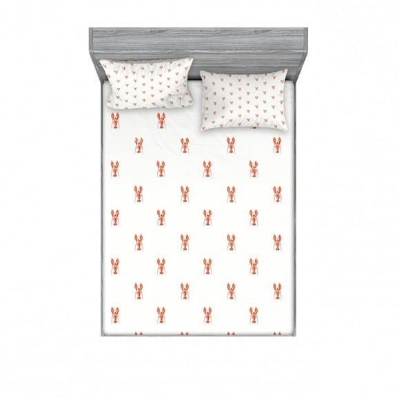 Lobster Fitted Sheet & Pillow Sham Set, Pattern with Symmetrically Aligned Lobster on White Background, Decorative Printed 3 Piece Bedding Decor Set, Queen, Vermilion White, by Ambesonne