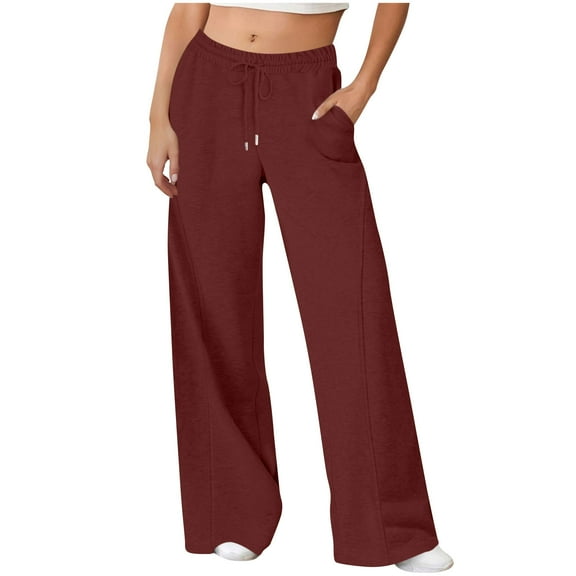 Chiccall Wide Leg Sweatpants Women Drawstring High Waisted Joggers Pants with Pockets Straight Leg Trouser Wine S