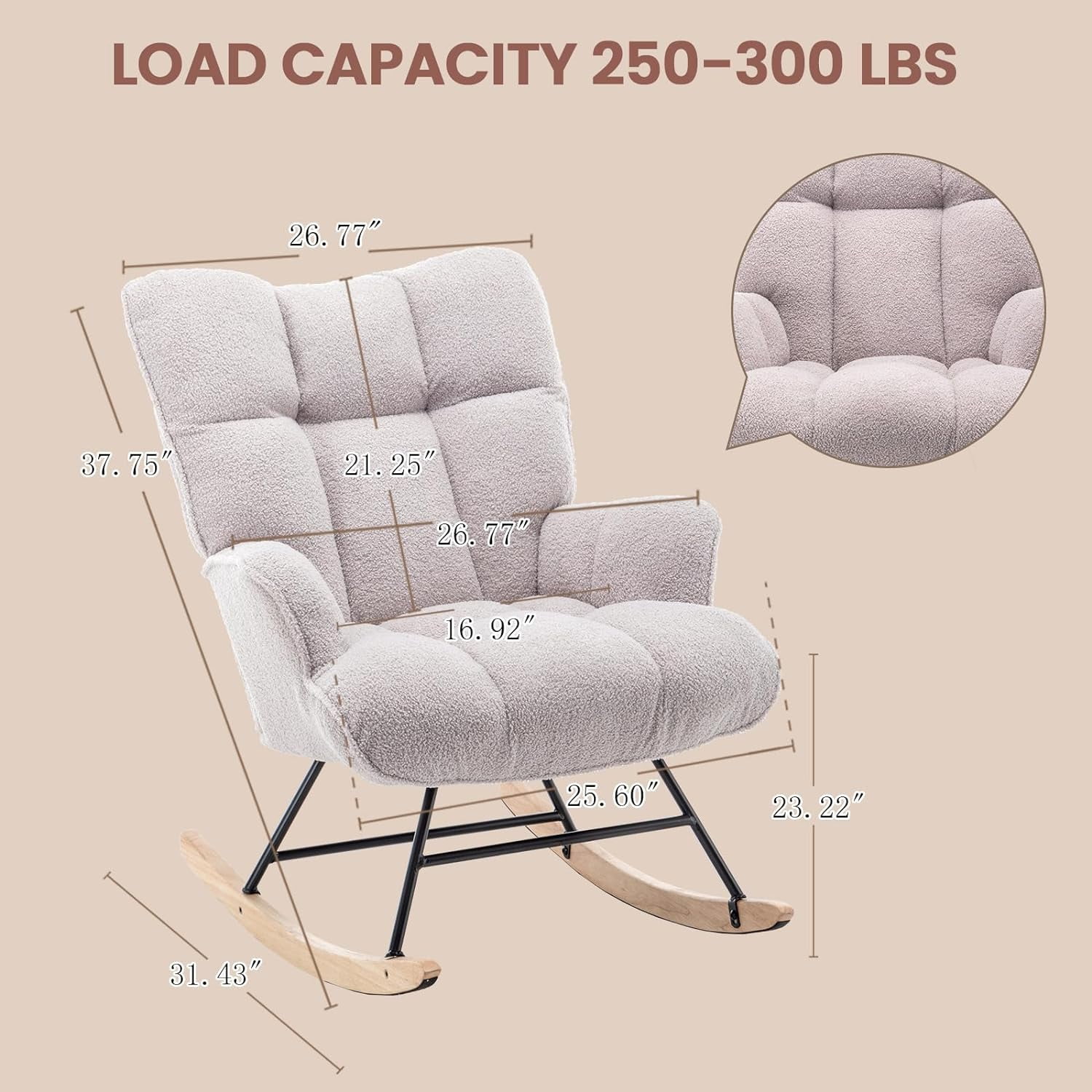 SAETSFEG Nursery Rocking Chair Teddy, High Backrest, Comfortable Stylish with Padded Seat for Living Rooms, Bedrooms, Offices, Grey