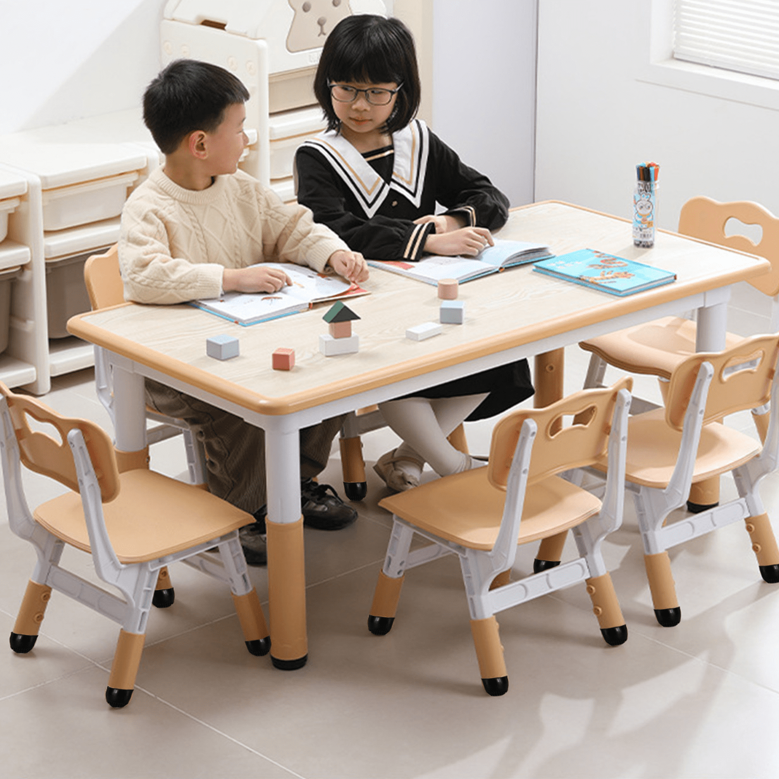 Kids Table and Chairs Set, Adjustable Height Desk, Graffiti Table Top, 6 Seats, for Ages 2-10, Multi-Activity Table for Classrooms, Daycares, Home