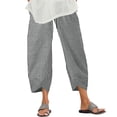 thumbnail image 2 of Mifsaly Striped Linen Pants Women Smocked High Waisted Casual Summer Pant Tulip Hem Detail Lightweight Flowy Beach Vacation Boho Clothes with Pockets Gray,XXL, 2 of 6