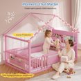 thumbnail image 3 of Twin Size Bed Frame with Montessori Storage Bookshelf, Globe String Lights, Door and High Rails, House Shaped Metal Floor Bed with Wood Slats&Side Pockets,  Modern Platform Beds, Pink, 3 of 9