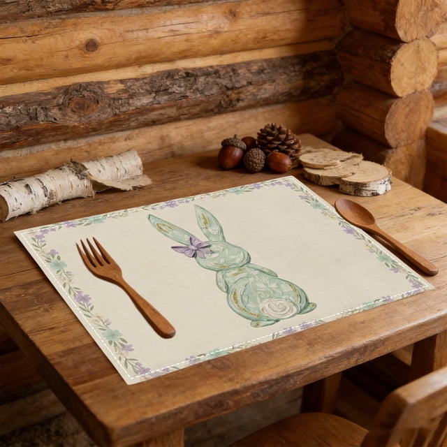 RKSTN Polyester fiber placemat Watercolor Easter Placemat Flower Checkered Rabbits Easter Egg Home Kitchen Table Decoration Table Mat room decor