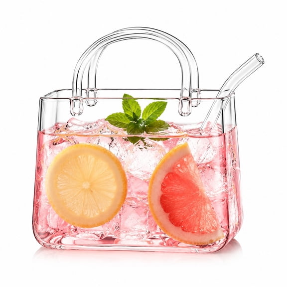 Glass Purse for Drinks with Straw, Handbag Shaped Drinking Glass, Cute Cocktail Cup and Flower Vase for Juice, Wine, Mocktails and Home Decor
