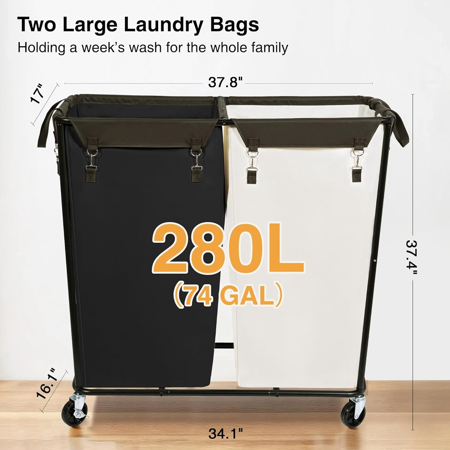 280L Rolling Industrial Laundry Hamper with Wheels, 2-Compartment Extra Large Laundry Sorter, Heavy Duty Dirty Clothes Basket Cart with Metal Frame for Home or Commercial Use