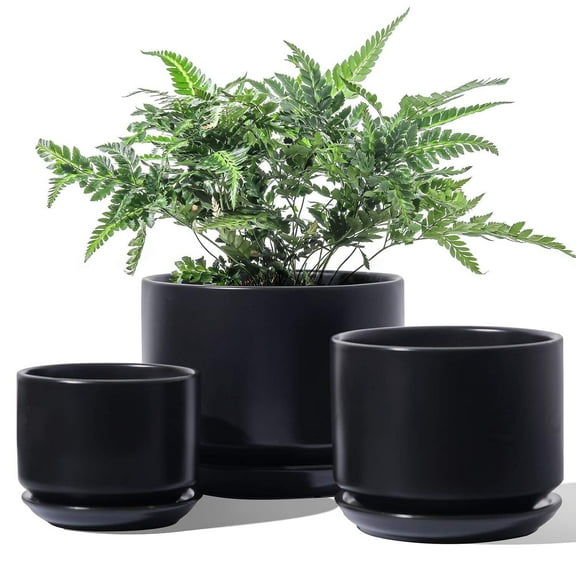 BEMAY Ceramic Plant Pots, 4" 5" 6.8" Flower Pots with Drainage Hole & Saucer, Pack of 3, Black