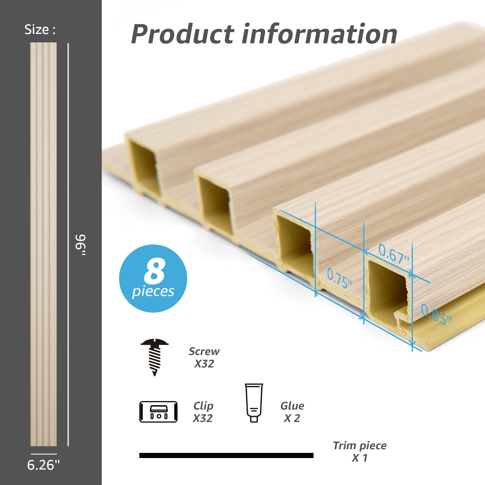 Art3d Slat Wall Panel,WPC Acoustic Diffuser 3D Wall Panel,8 Pieces 96x6 inch-White Ash(32 Sq.ft/Case)