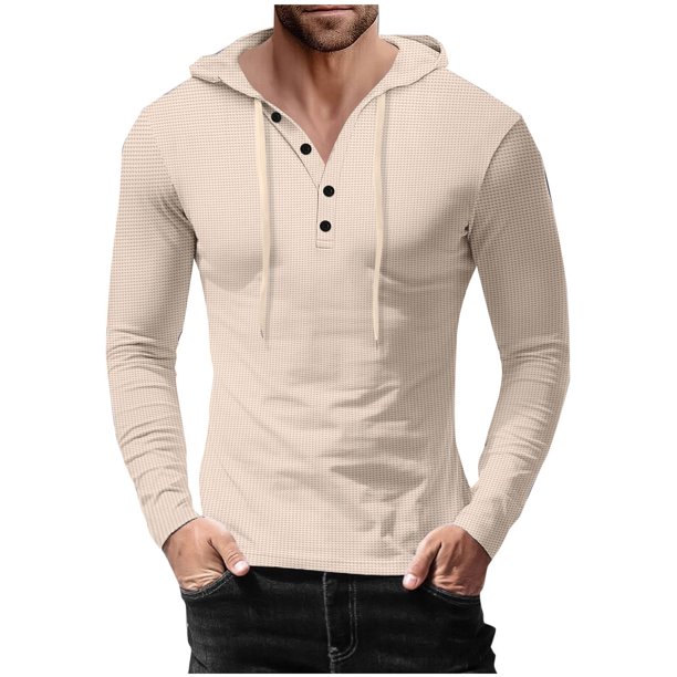 pstuiky camisa de manga larga para hombre, Blusa informal con capucha y manga larga con botones y cordón ajustable para hombre camisetas de hombre l