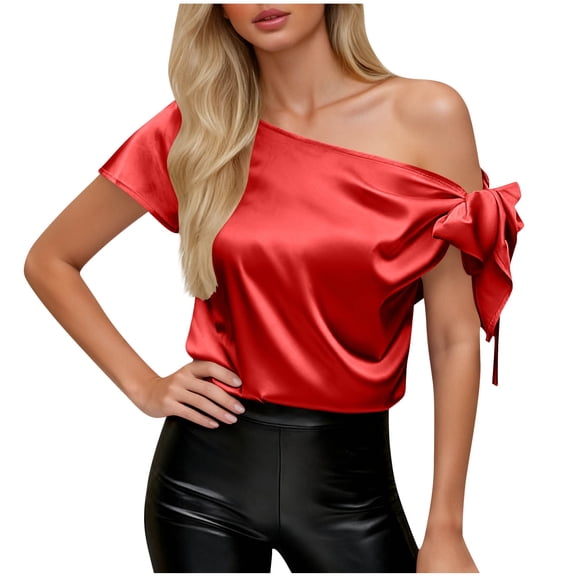 Summer Fashion Shirts for Womens Plus Size Off Shoulder Silk Tops Casual Short Sleeve Asymmetrical Neck Satin Blouse Shirts