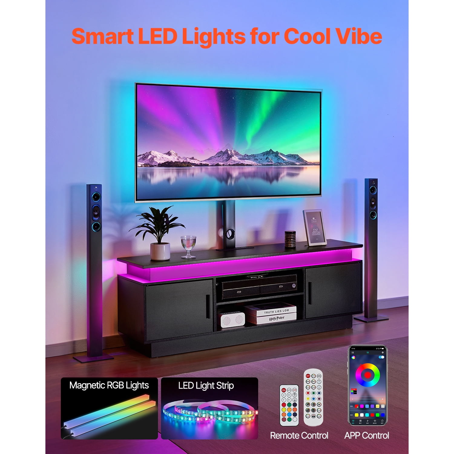 KFFKFF 52" Television Stand with LED Lights, Suits 75" TVs, Entertainment Hub with Electrical Outlet, Adjustable Height TV Stand with Mount