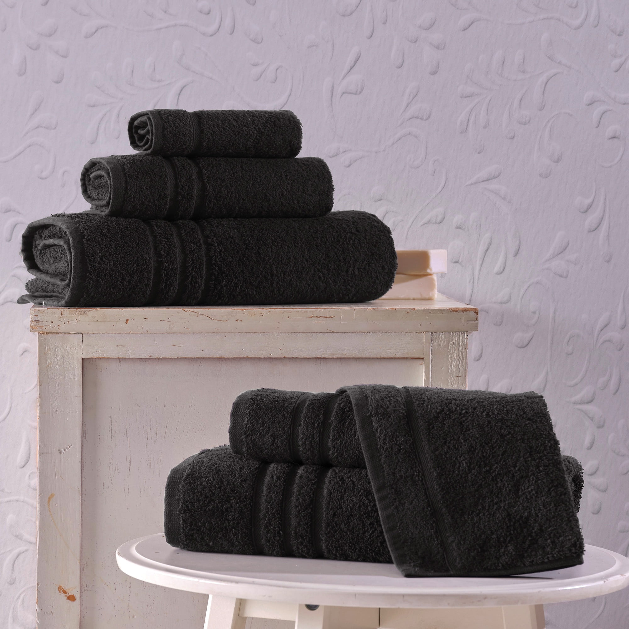 Hawmam Linen Black Bathroom Accessories Set - 12 Piece Bathroom Set: 4 Bath Towels, 4 Hand Towels, 4 Washcloths, 100% Turkish Cotton, Quickdry, High Absorbent, Dorm Room Essentials Spa 600 GSM
