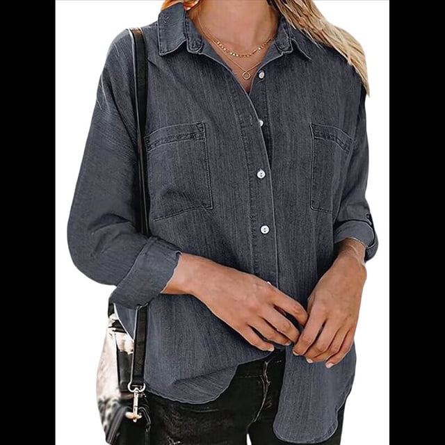 Camisas de Mujer con Botones y Cuello en V, Camisa Informal Holgada Negro L