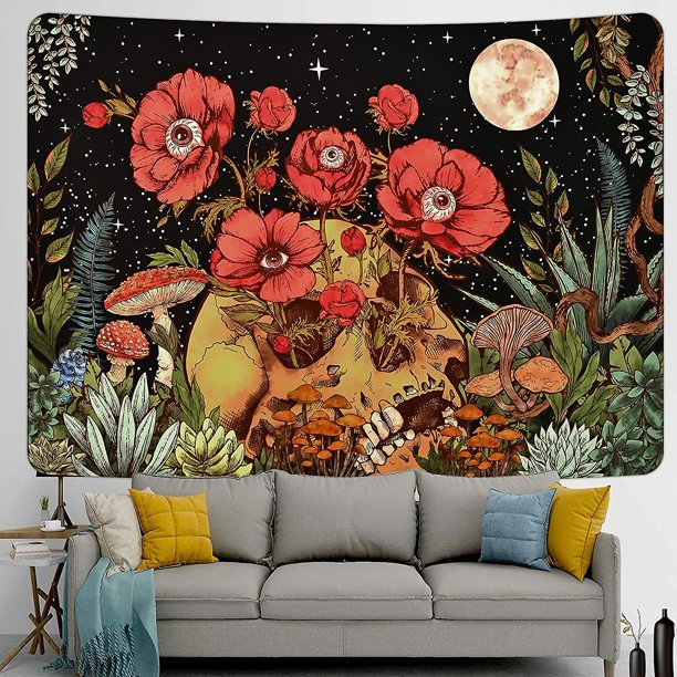 Tapiz floral de calavera, tapiz de esqueleto de flores, tapiz de jardín de luna, tapiz de plantas de hongos, tapiz vintage trippy para colgar en la pared para habitación (51,2 59.