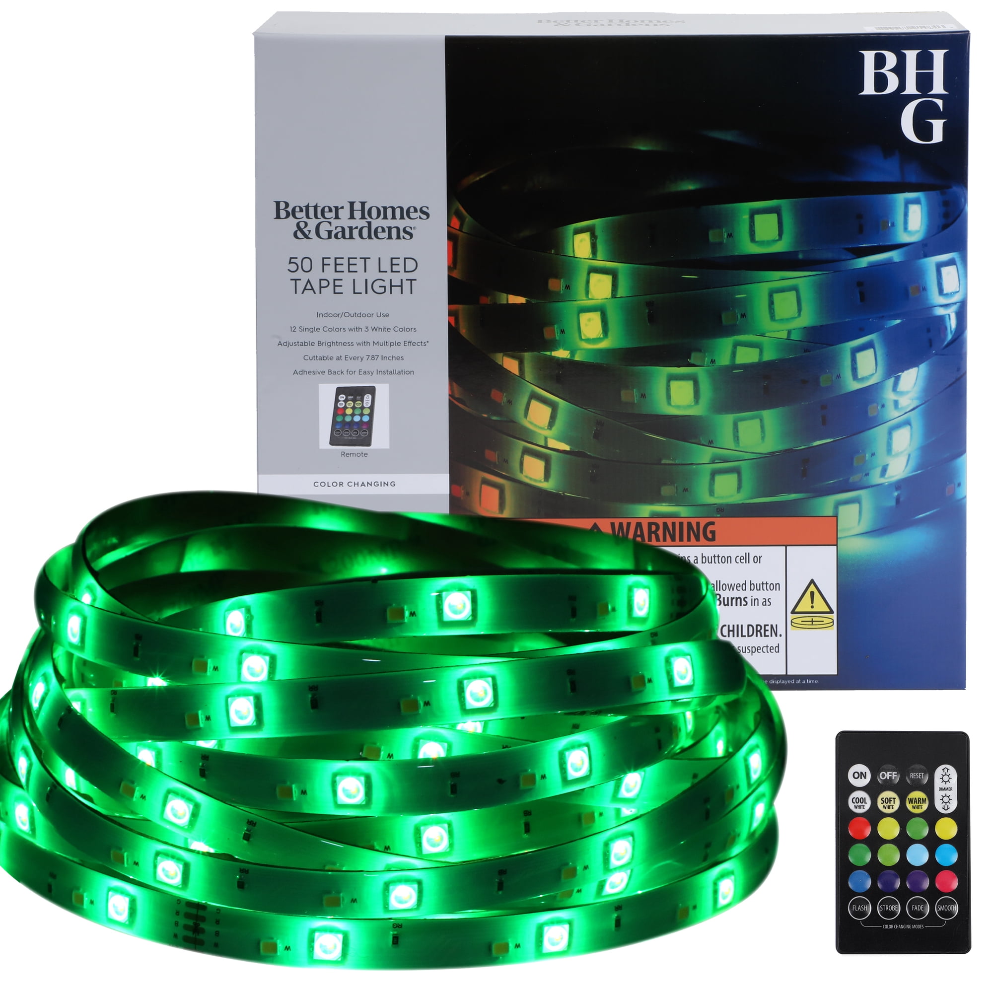 Better Homes & Gardens 50 ft Color-Changing LED Tape Light with Remote, Indoor/Outdoor, 1 Count