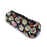 Sugar Skull and Flowers Cylinder Pencil Case Holder Zipper Pen Bag Pouch Students Cosmetic Makeup Bag