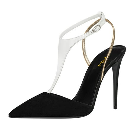 FSJ Women Sexy Stiletto High Heels Pumps Pointy Close Toe D Orsay Slingback T-Strap Buckle Slide Sandals Casual Work Formal Shoes Size 12 Black Gold Strap