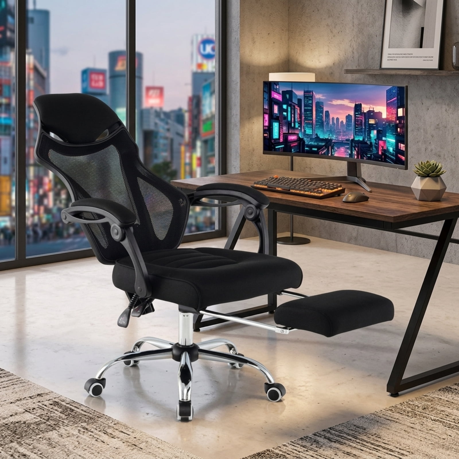 Furnibear Ergonomic Mesh Office Chair High Back Breathable Computer Chair with Retractable Footrest Tilting Backrest and Headrest, Black